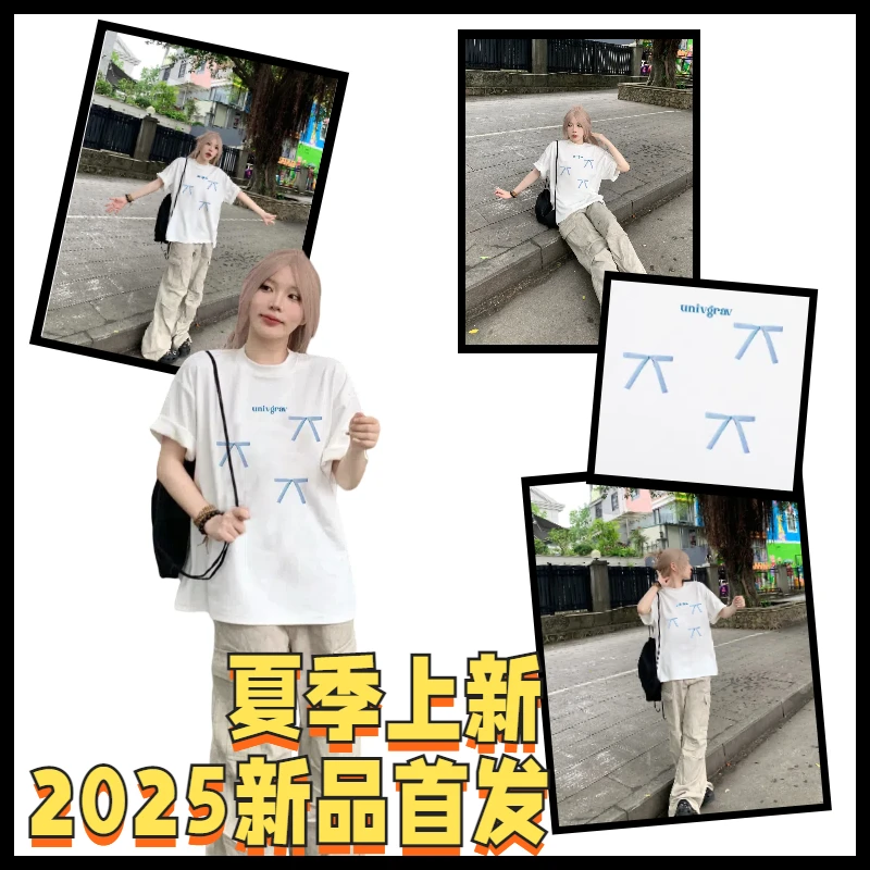 2025夏季爆款蝴蝶结纯棉短袖T恤设计感甜酷减龄美式上衣#T09522