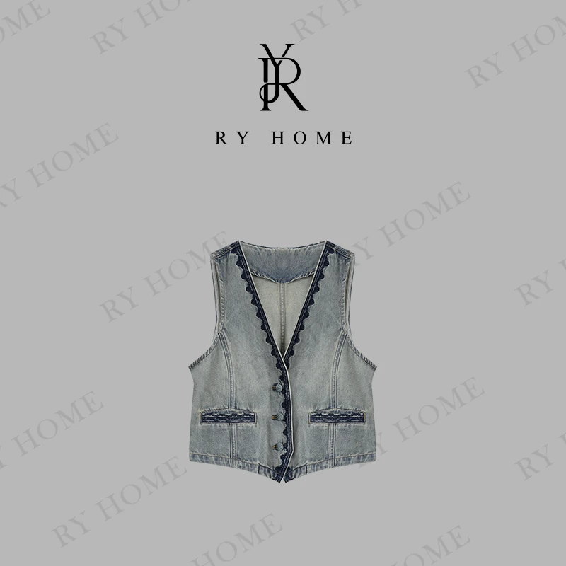 【容雨RYHOME】莱赛尔＋棉新款时尚V领刺绣牛仔马甲252MJ1551