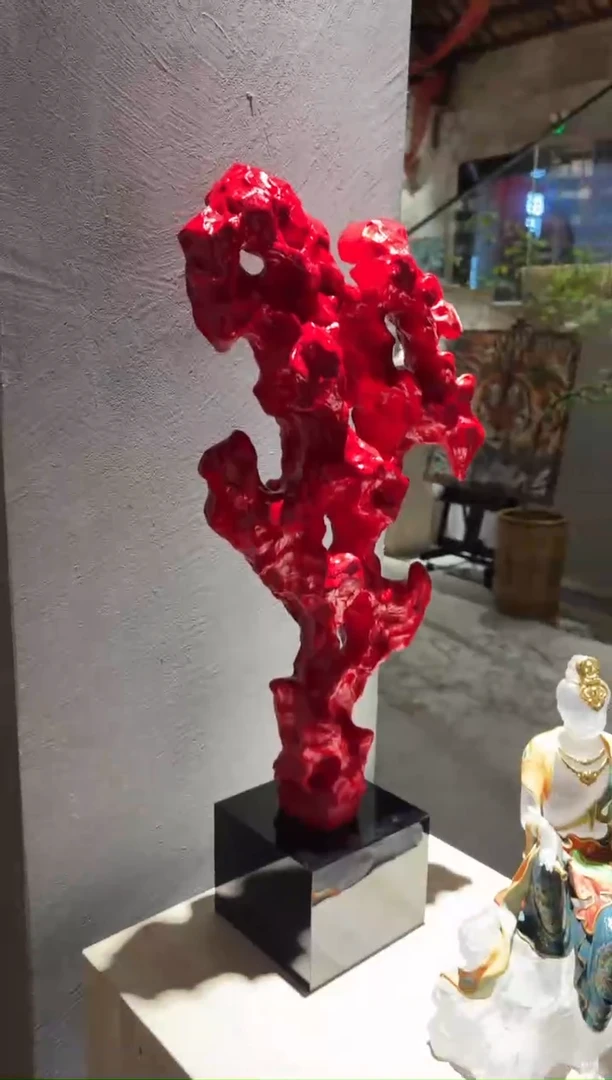 摆件梦***家CS0202008朱砂红大号太湖石+黑色高底座