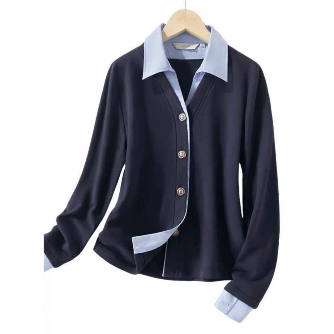 【曼贝】早春小众设计感假两件针织衬衫女洋气上衣【想磊】