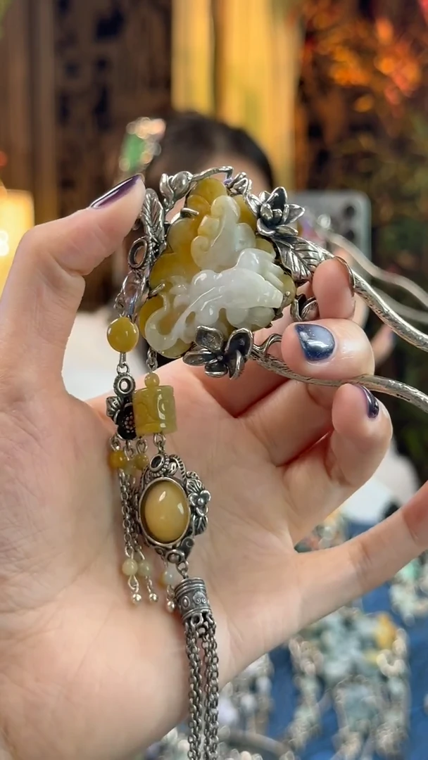 银S925镶嵌挂件翡翠发簪