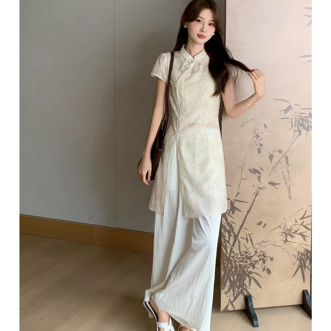 冰糖露露子2025夏季新款绝美中式国风改良旗袍上衣＋阔腿裤套装女