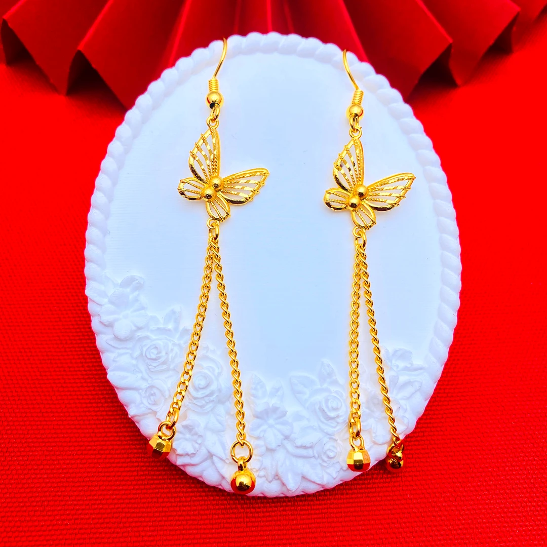 铜合金耳饰 【蝴蝶珠珠流苏耳钩】气质耳环金色时尚百搭手工素款