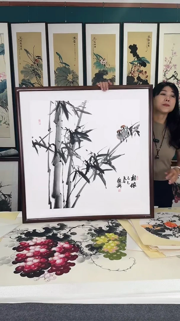 国画竹子 实木装裱 83*83