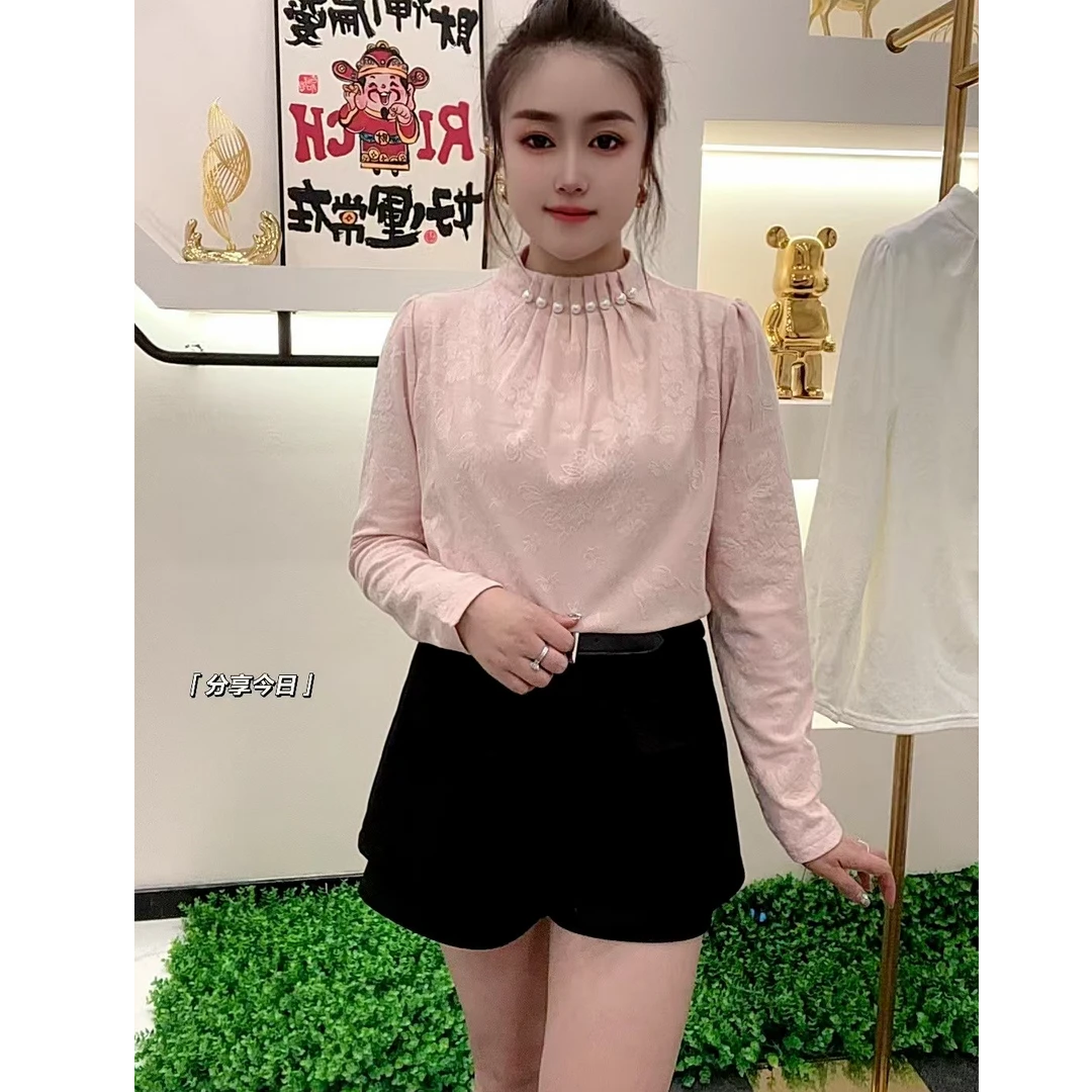 欧货新款1161时尚串珠立领提花打底优雅气质百搭显瘦