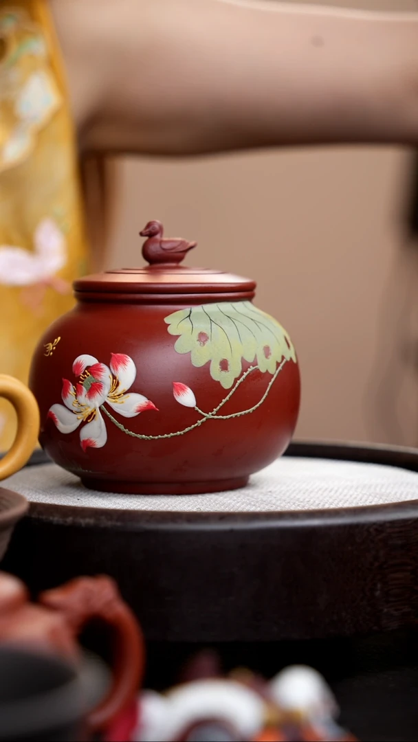 茶壶紫砂朱泥鸭先知荷花茶叶罐