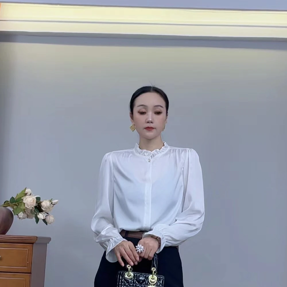 花边领缎面百搭衬衫25-017