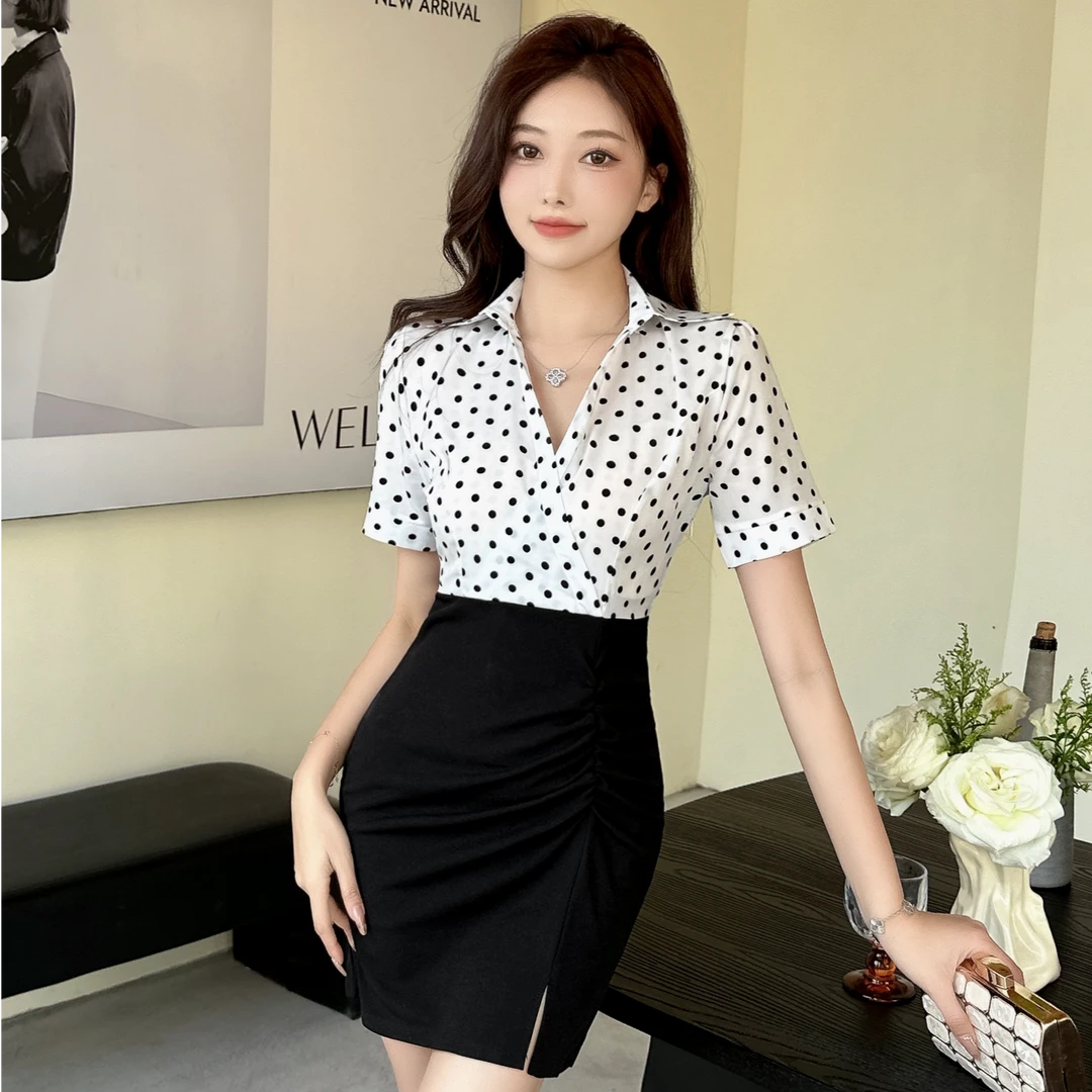 性感波点撞色衬衫拼接深V领连衣裙显瘦气质时尚减龄漂亮包臀裙子