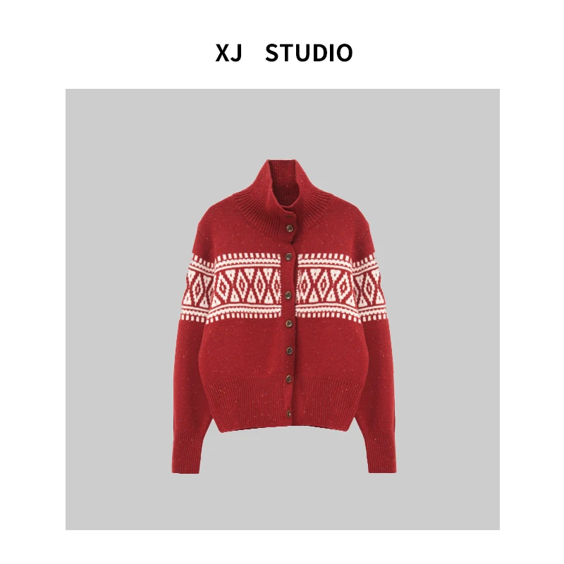 慵懒风针织长袖提花法式撞色立领毛衫冬季毛针织衫