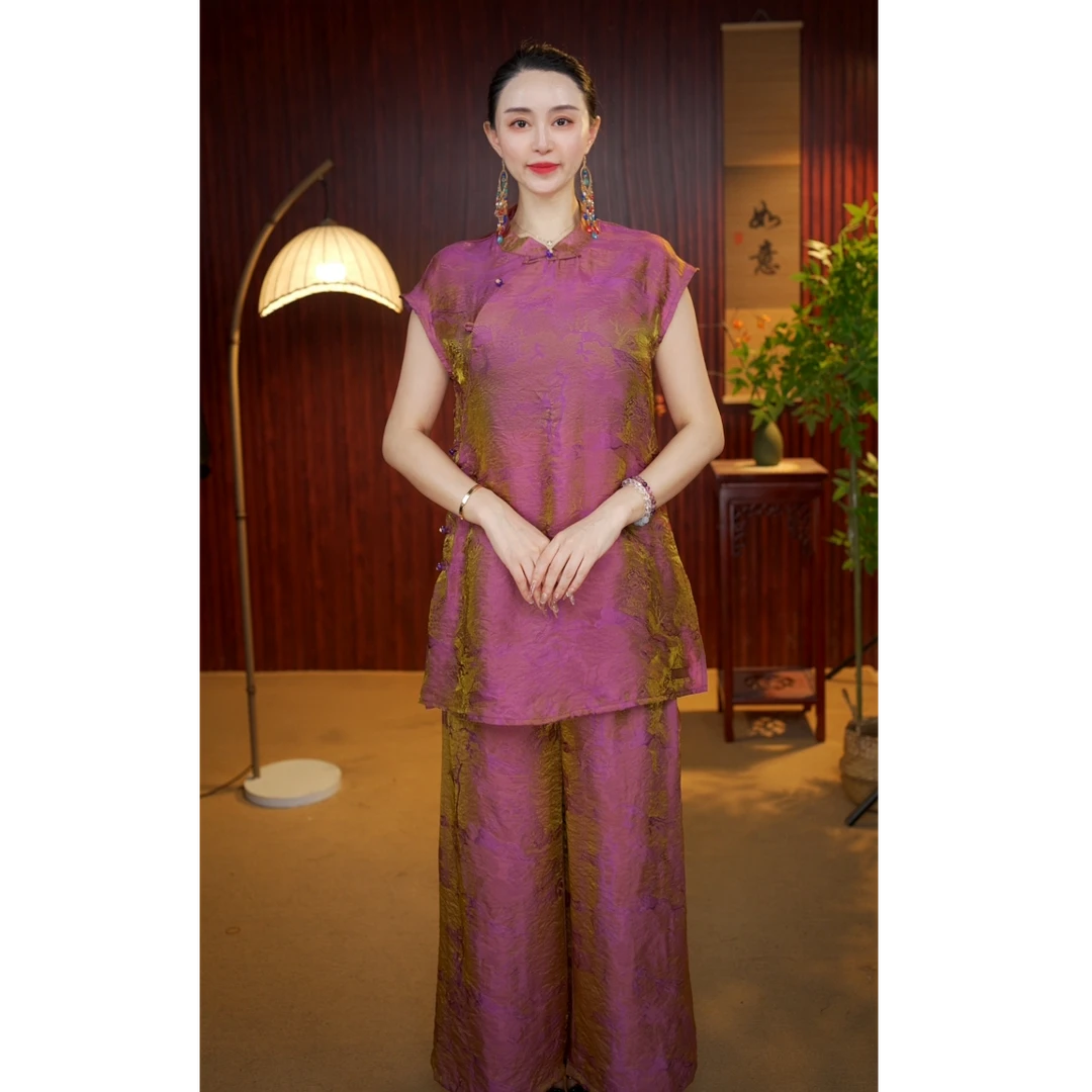 [金箔]2025新款短袖流光锦时尚夏季日常文艺女士新中式上衣套装女