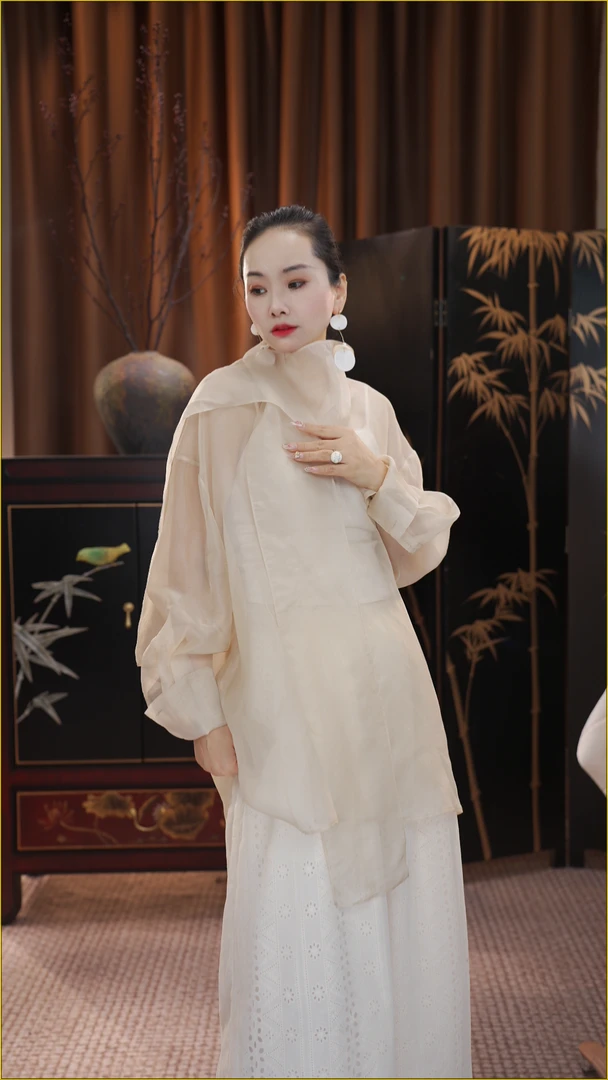 爱妃原创【新品】新中式国风飘领长袖百搭休闲宽松衬衫87109