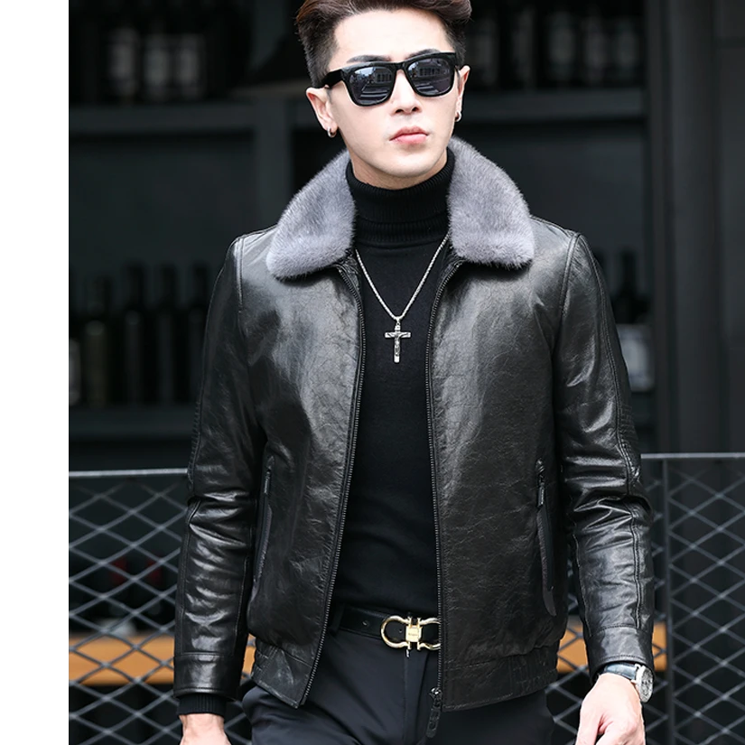 塞弗索罗温2025皮衣男水貂毛领皮夹克真皮羽绒服山羊皮加绒外套