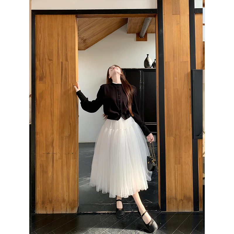 2025春季新款轻熟风气质时尚修身长袖针织开衫高腰显瘦蓬蓬纱裙女