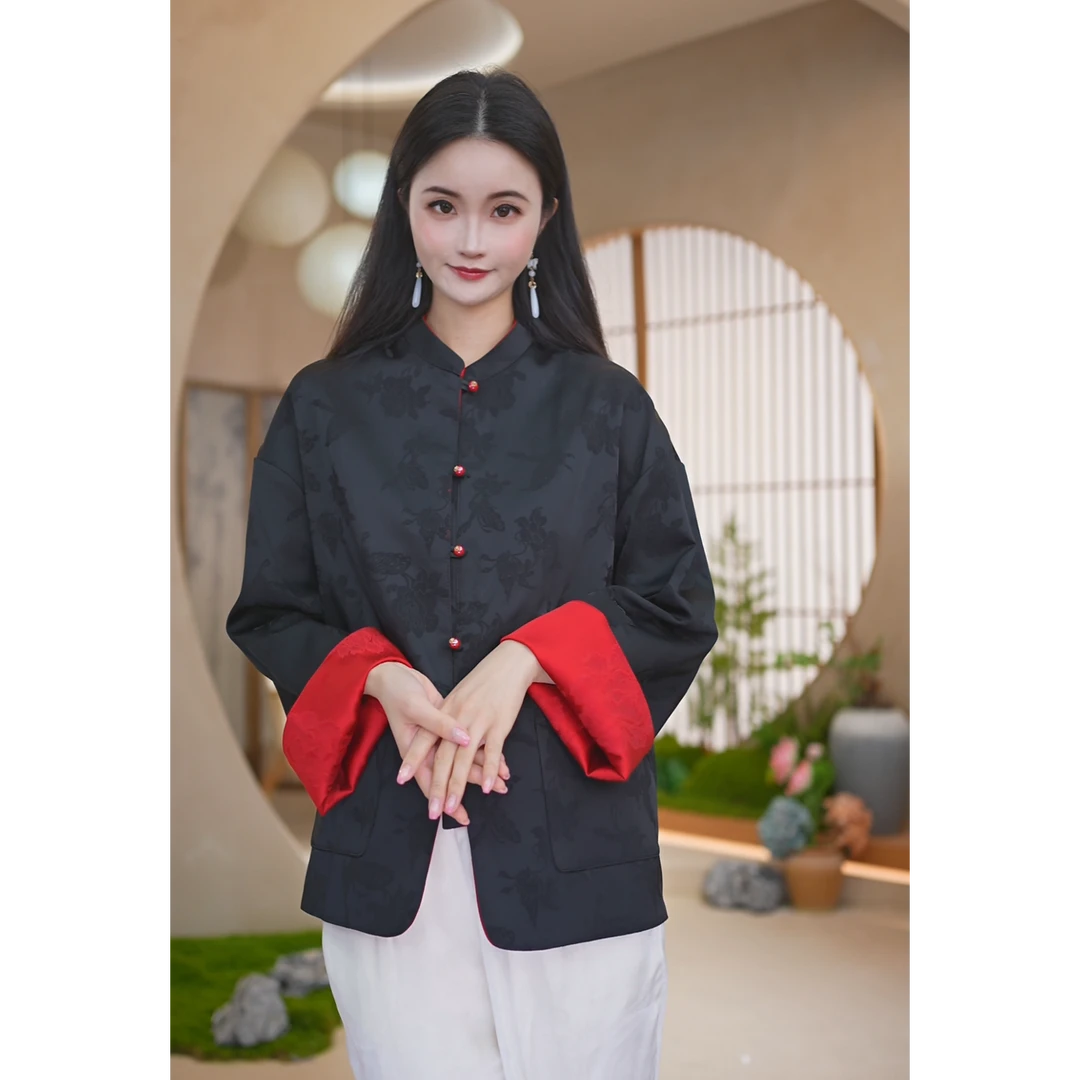 赠李白 气质提花双面穿新中式衬衫女2025新款轻国风刺绣上衣8116