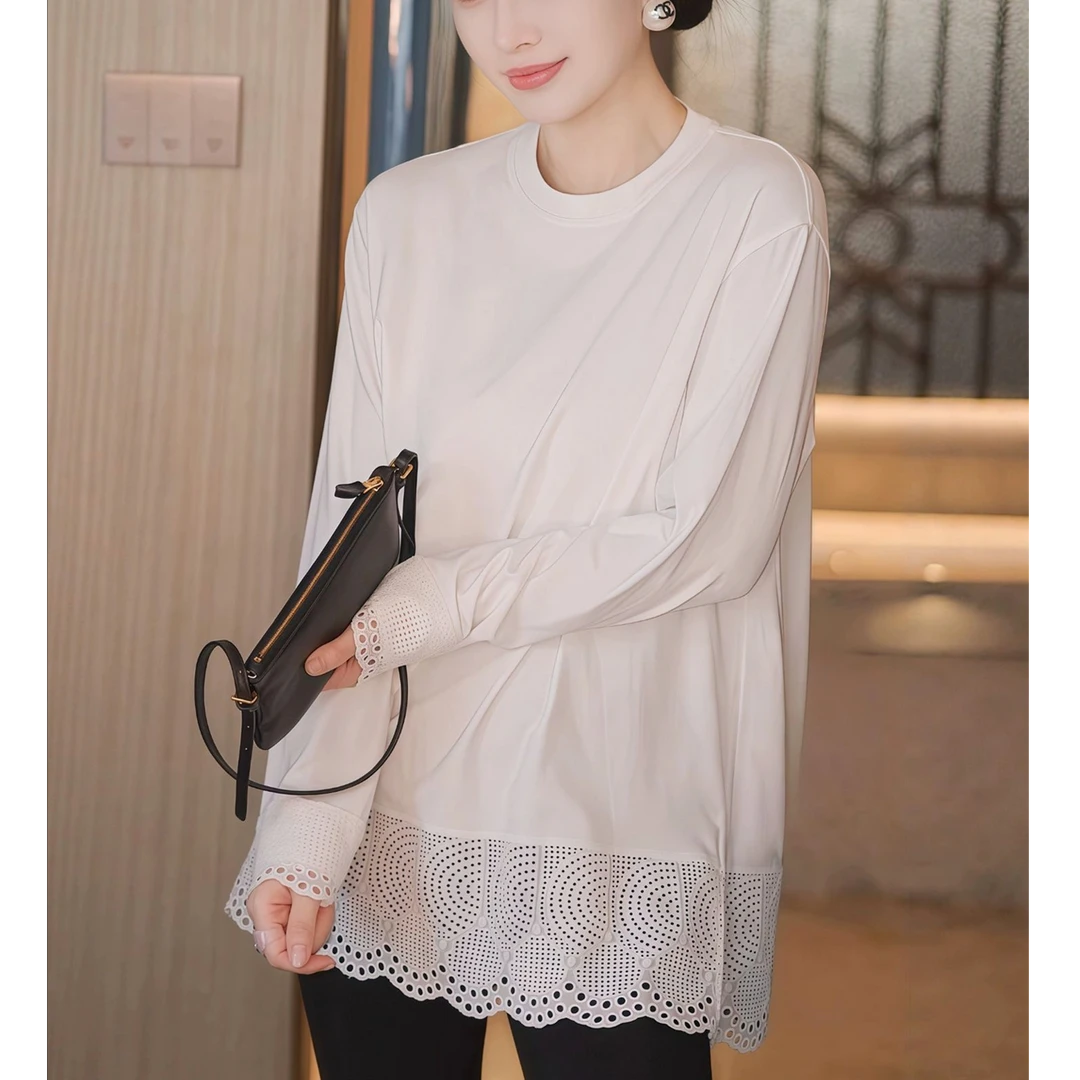 中长款白色内搭打底衫加绒新款今年流行爆款秋冬长袖t恤蕾丝上衣