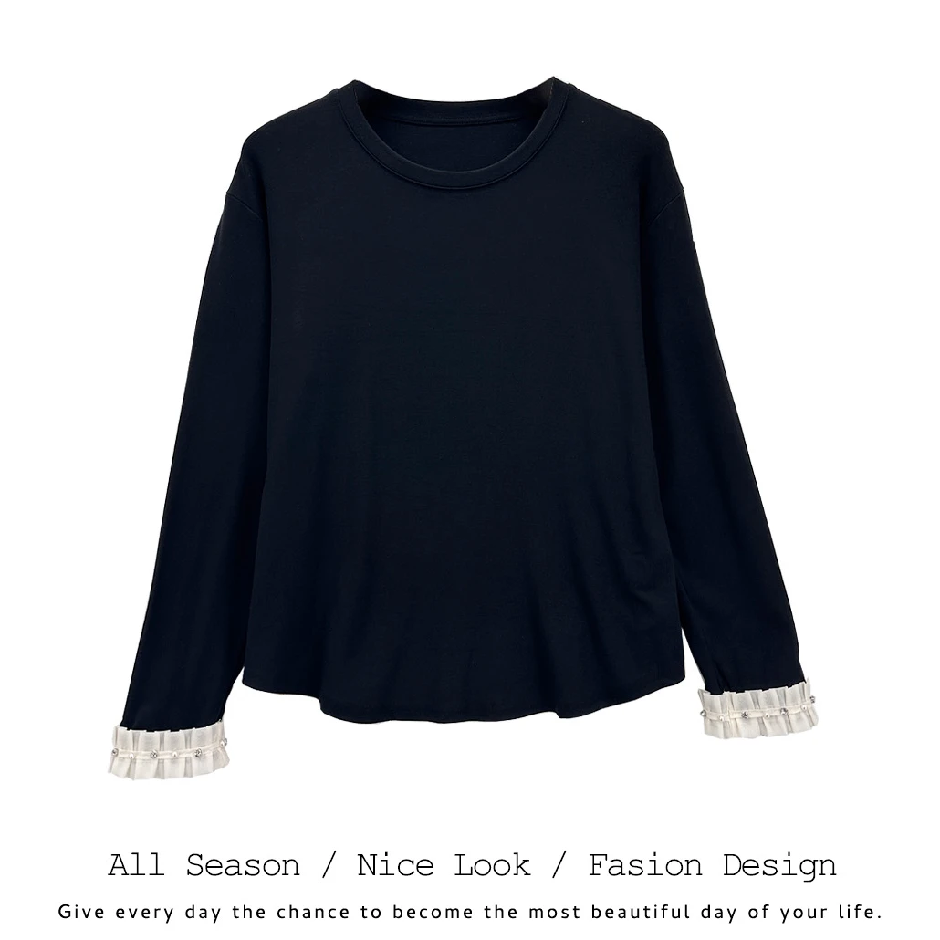 605  黑色长袖拼接白色花边t恤女ins时尚百搭春季新款打底衫#6626