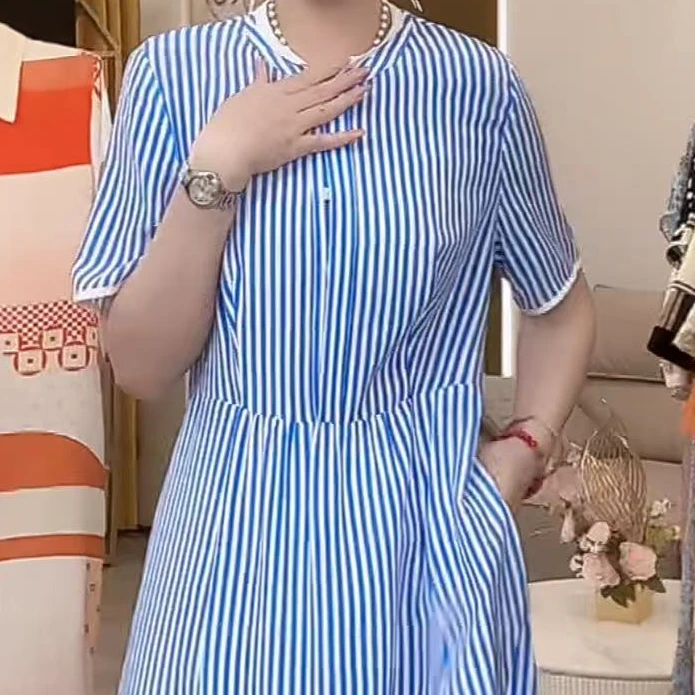 【宸慕】条纹A字裙中长款桑蚕丝连衣裙25728