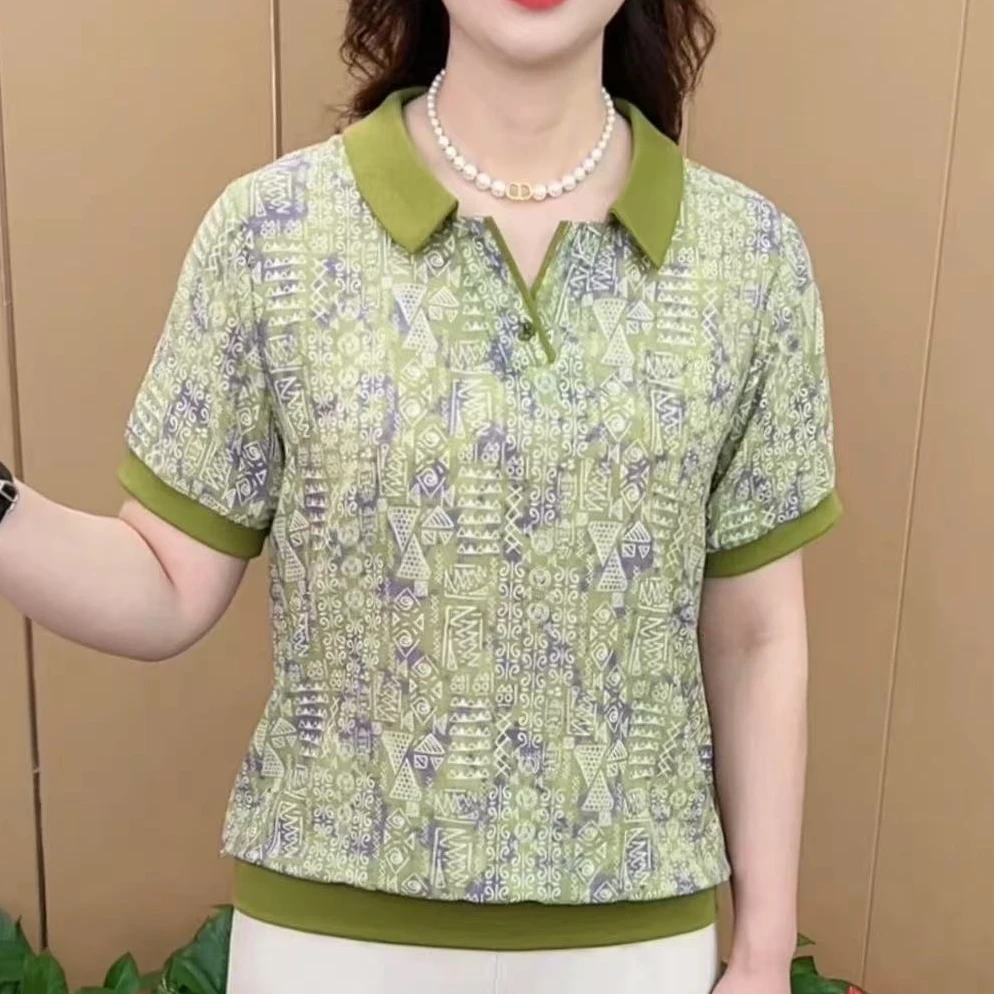 翻领时尚短袖T恤中老年女装妈妈装多巴胺穿搭洋气减龄百搭小衫