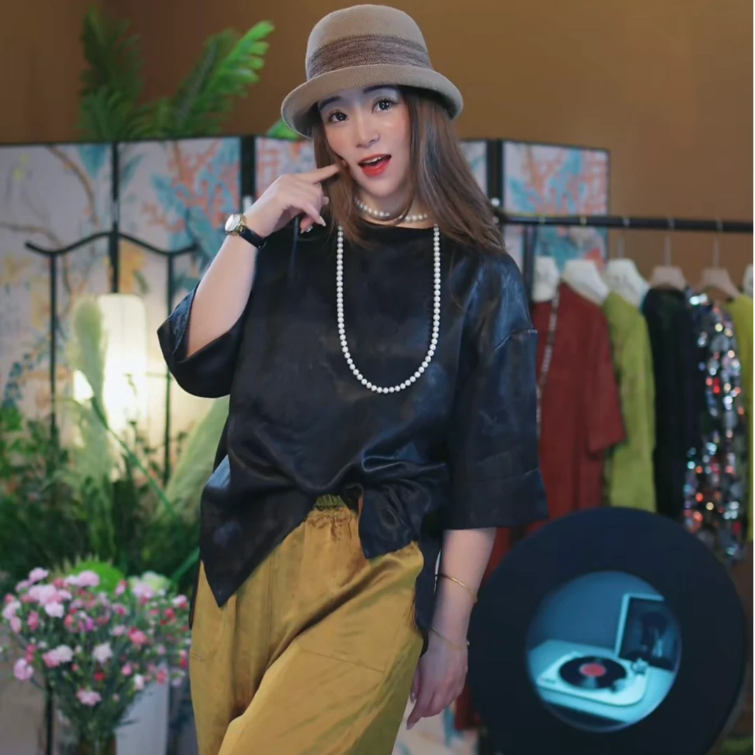 【冠乐皱圆领大T版】桑蚕丝香云纱显瘦百搭休闲上衣