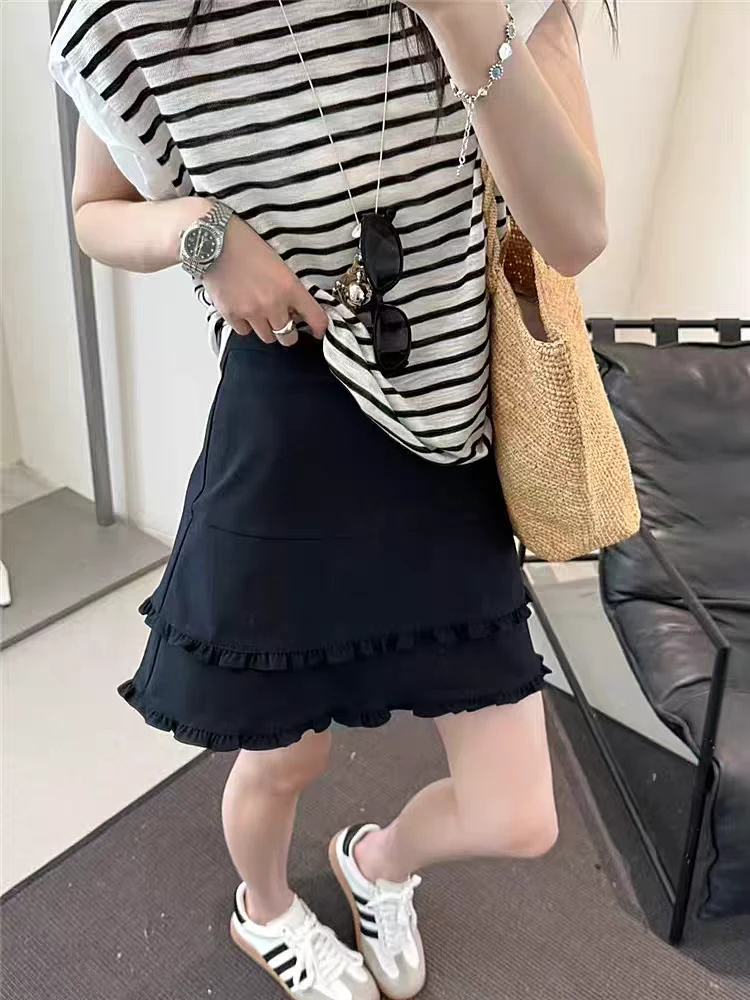 时尚百搭夏季不规则双层木耳边A字裙新款高腰显瘦防走光半身裙女