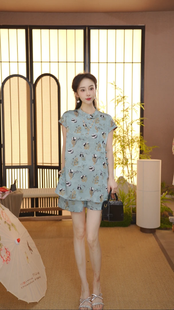 新中式2025夏季气质百搭提花立领短袖上衣裤子女FB2506122