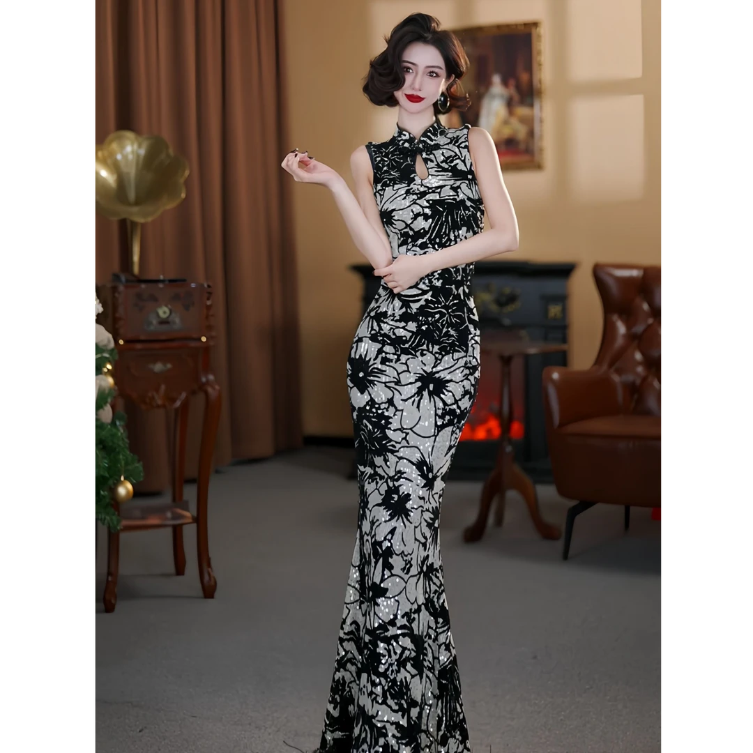 【大晶定制】新款气质长款优雅中式无袖花卉收腰连衣裙-DJ10089