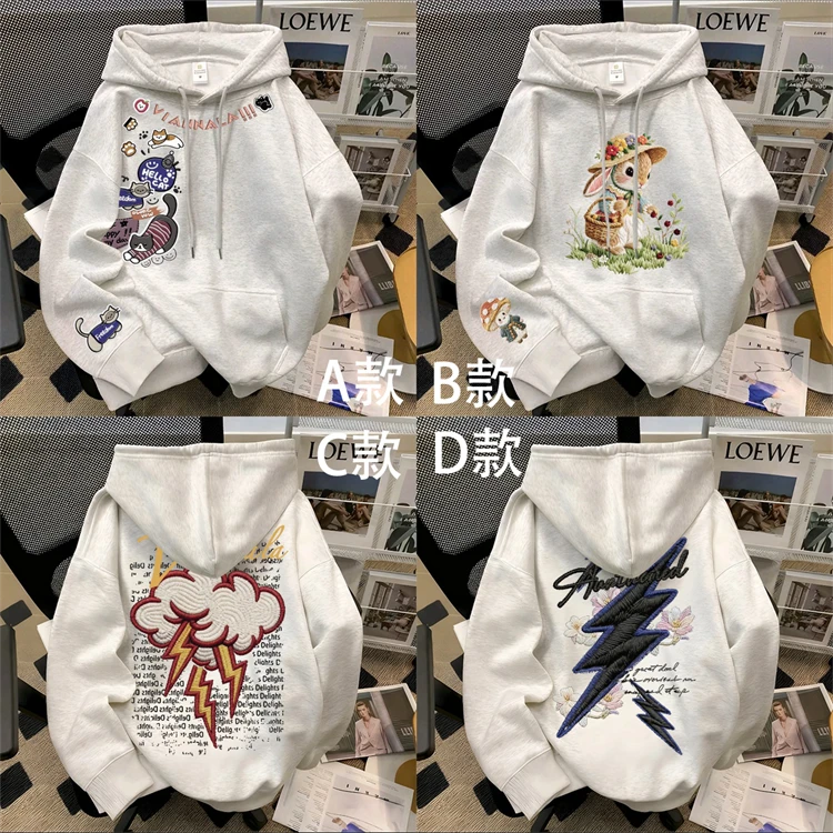 重磅500克纯棉加绒加厚连帽卫衣情侣装舒适vintage仿刺绣印花工艺