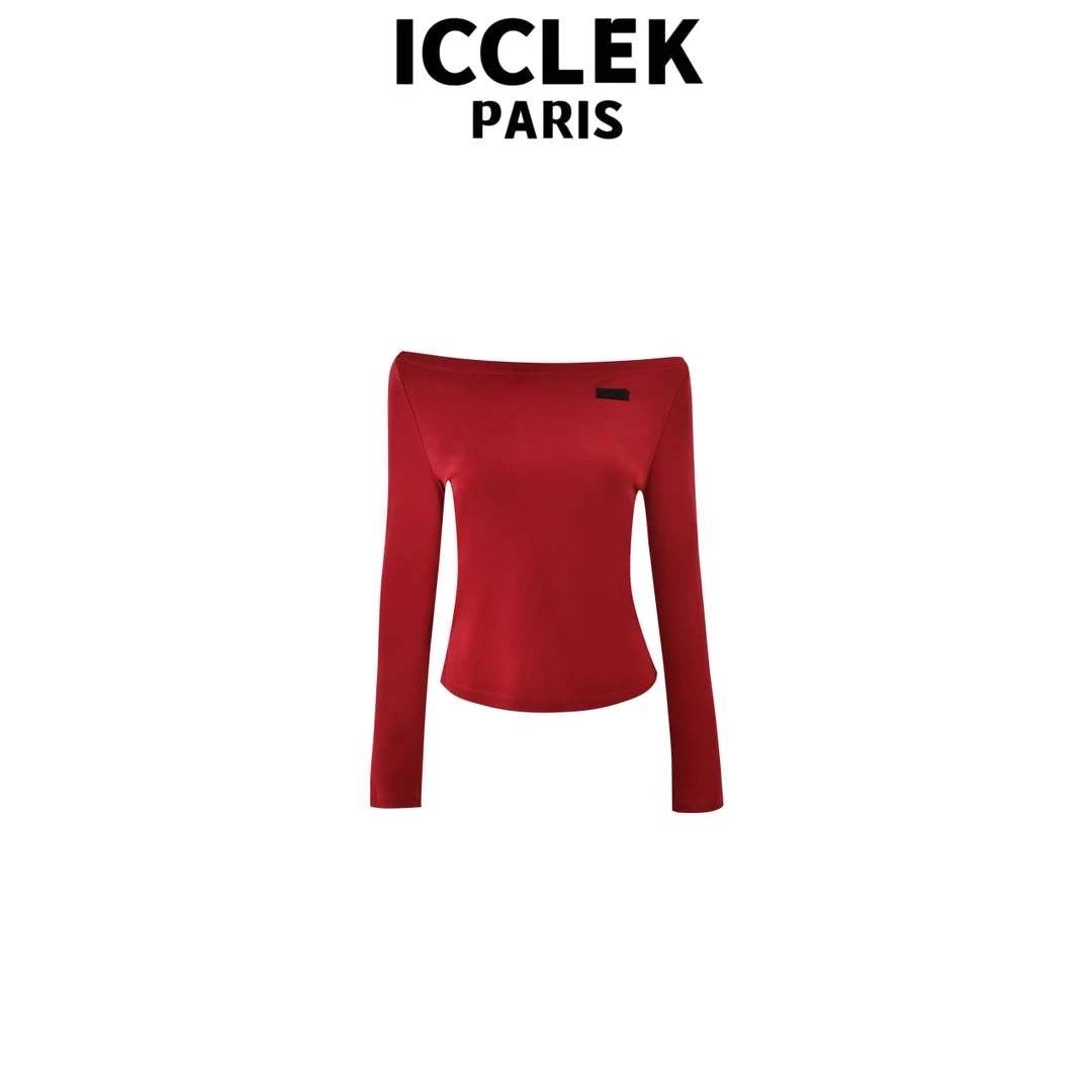 ICCLEK 红色纯色休闲上衣设计感洋气百搭显瘦长袖小众气质 - 5883