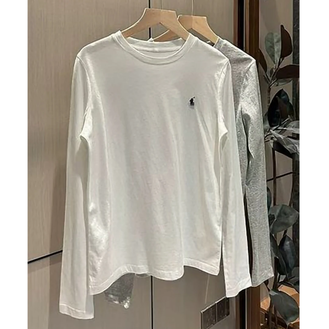 透气时尚内搭女打底 T恤长袖圆领常规白色简约刺绣慵懒风