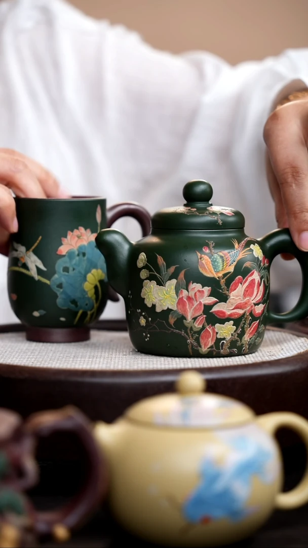 茶壶紫砂民国绿道洪静其双面泥绘+杯
