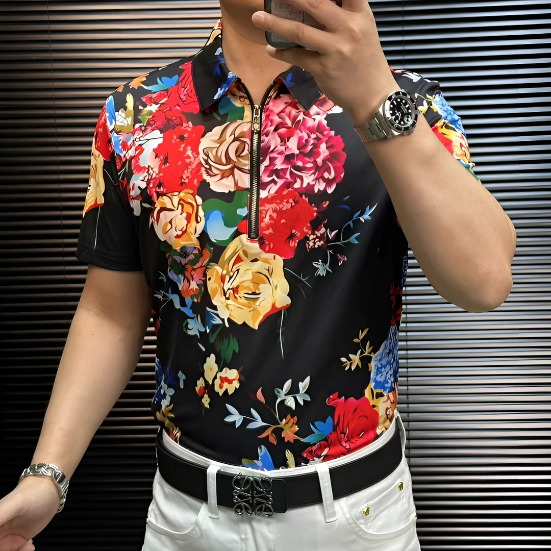 ST甄选新款无缝免烫高弹力高品质男士花卉印花拉链短袖衬衫6071