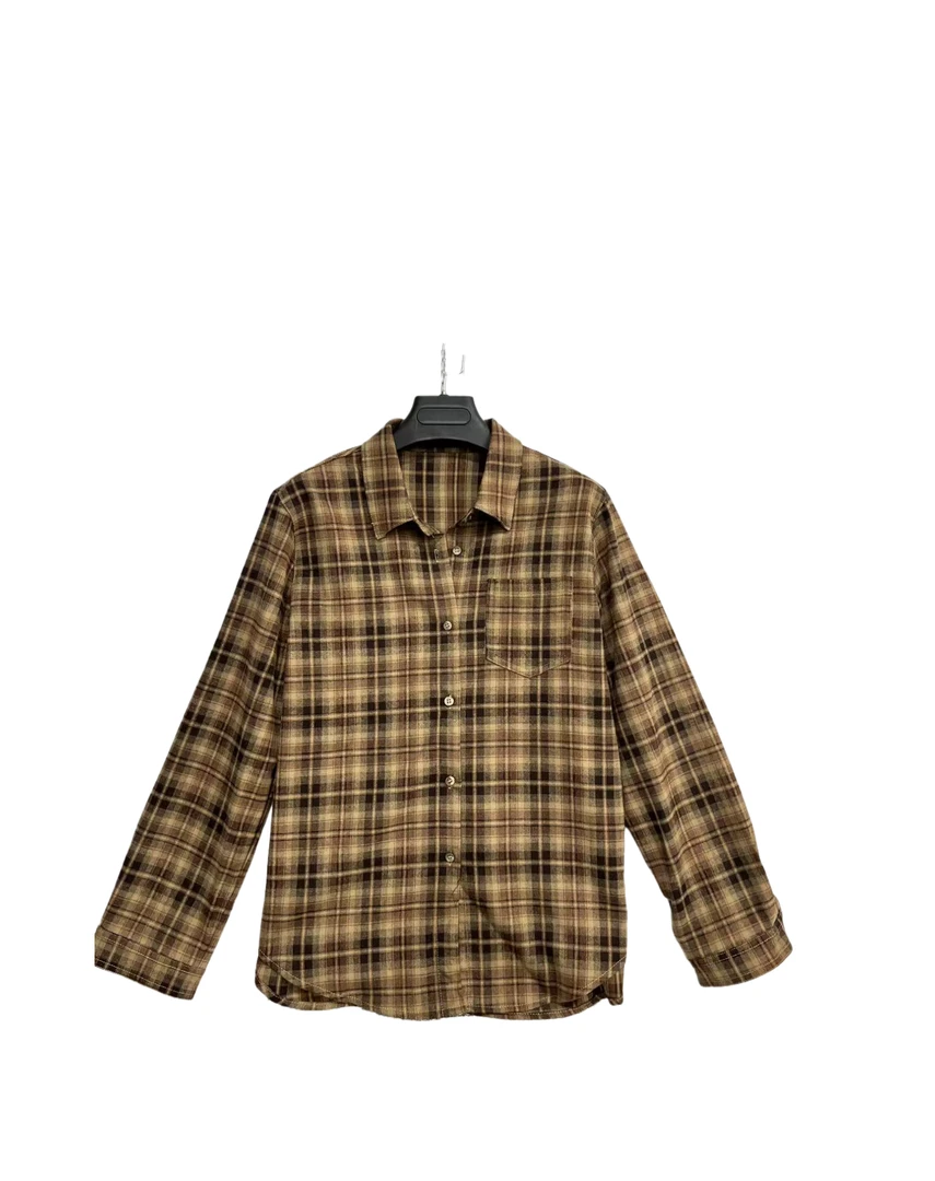 7692  纽扣  格子  口袋  复古  休闲  衬衫