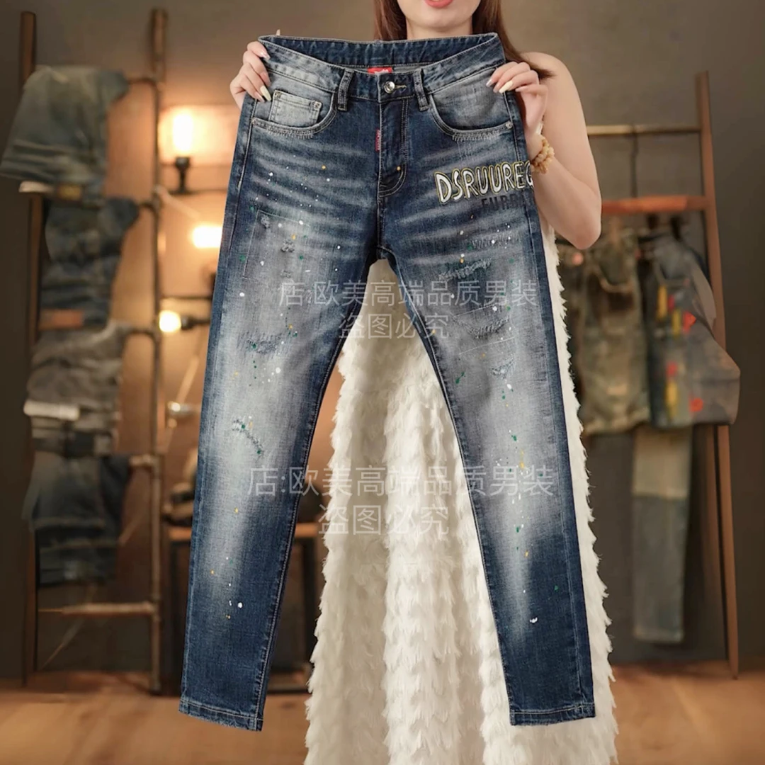 轻奢原创高端男士牛仔裤长裤复古怀旧深蓝色泼墨印花修身弹力潮