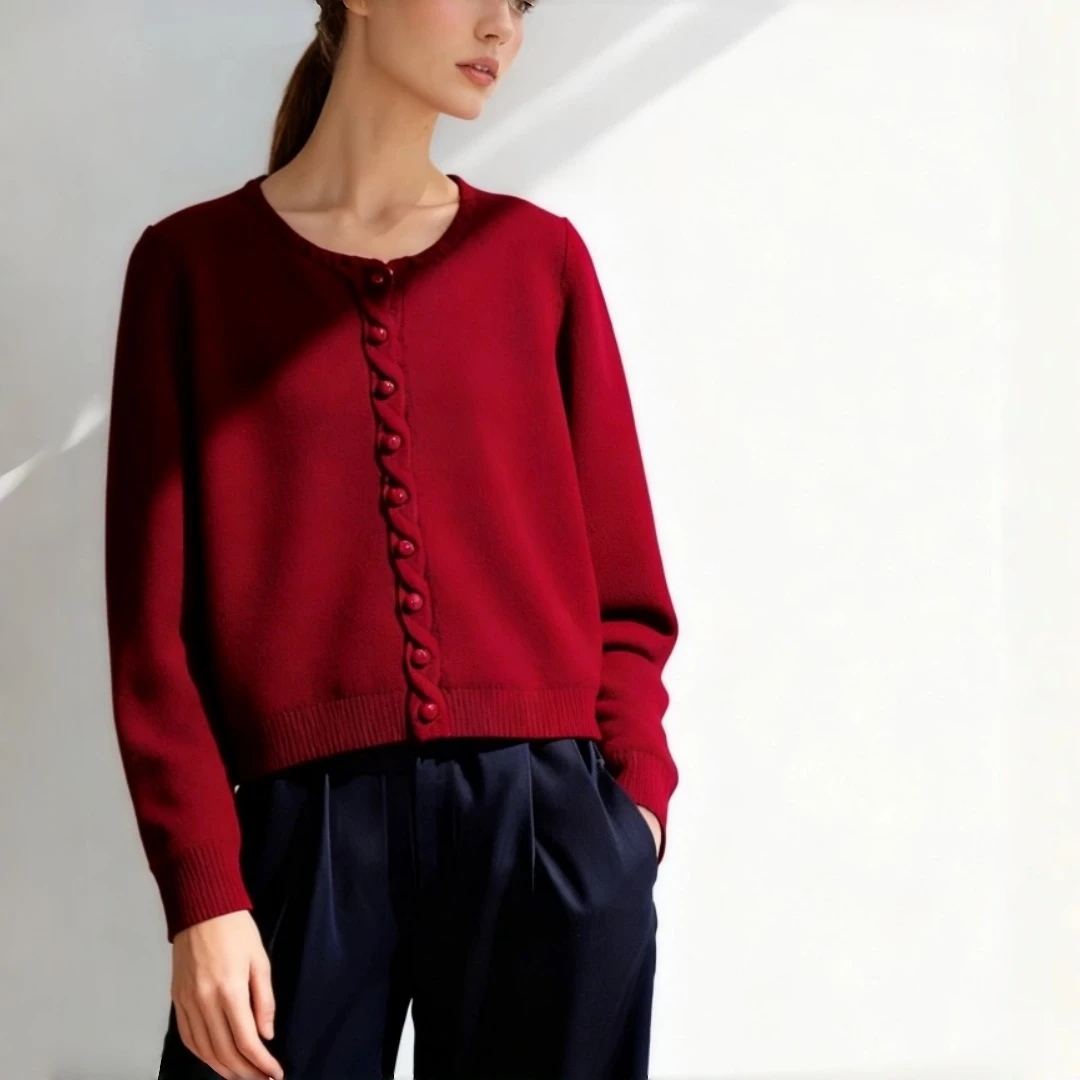 圆领小香风短款长袖针织毛针织开衫休闲秋冬纯色门襟绞八设计款女