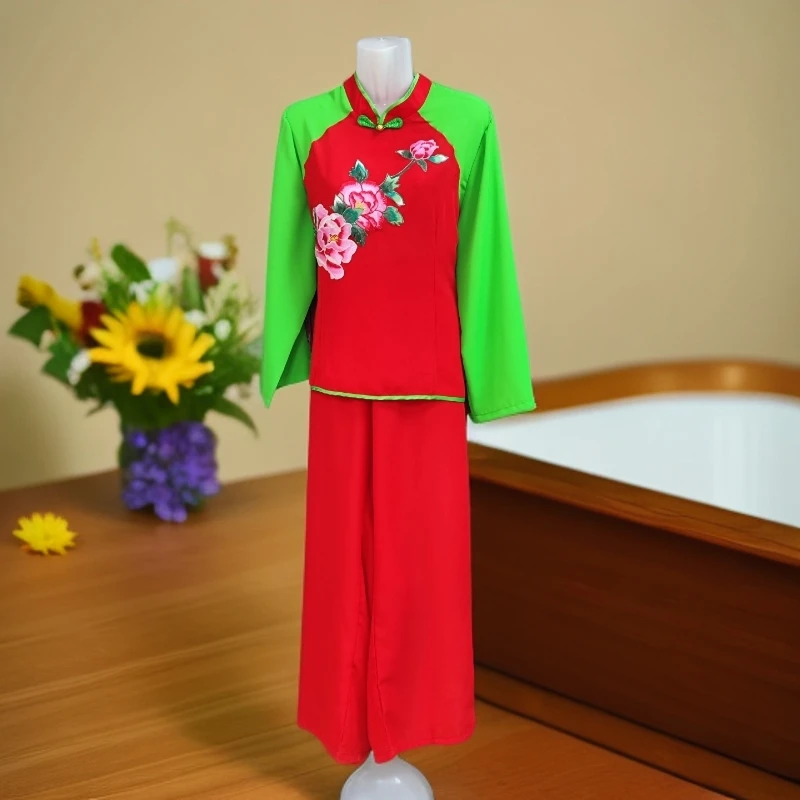 【1号】红绿双拼牡丹花秧歌服打鼓服舞台演出发喜庆扇子舞民族风