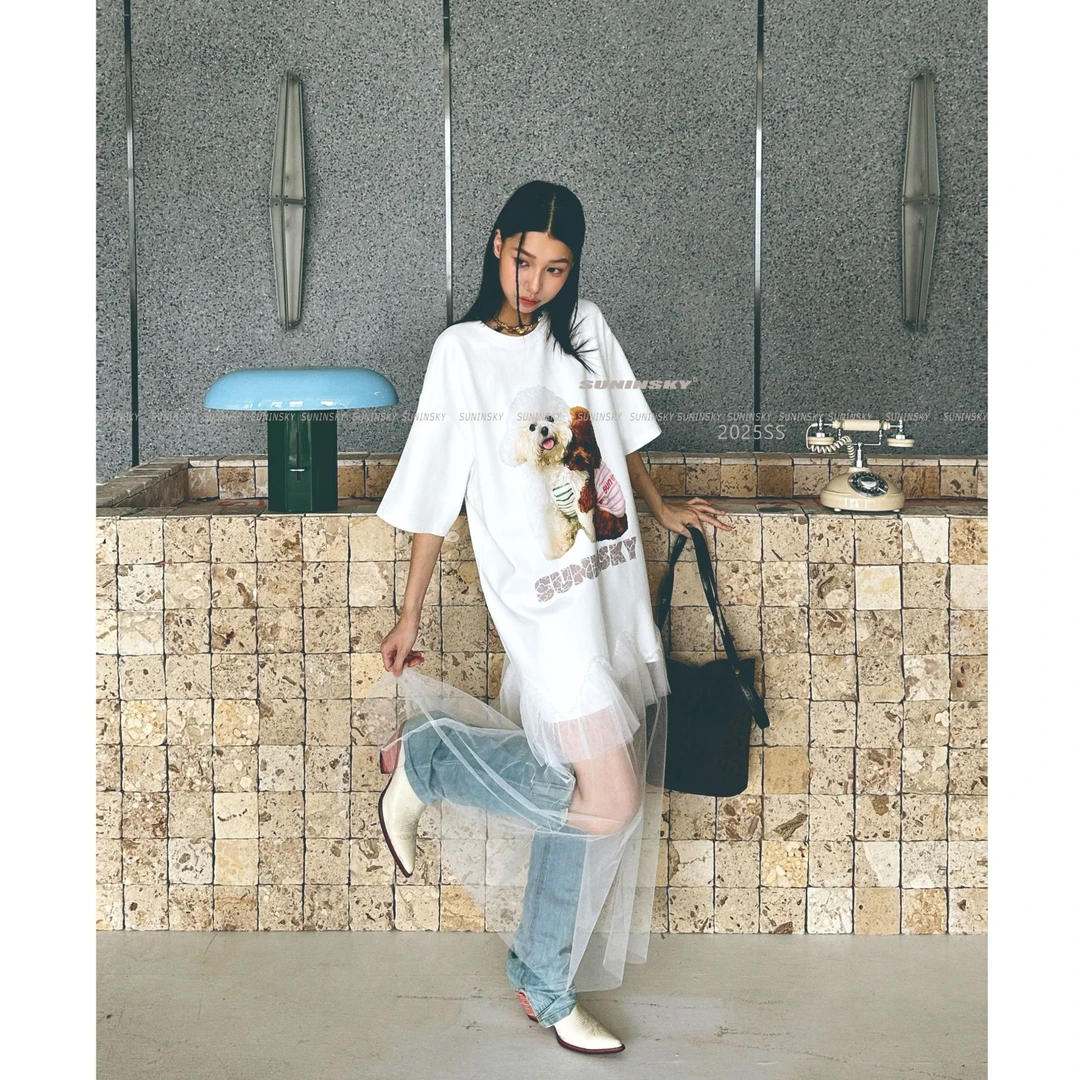 【芊诺独售】SUNINSKY气质趣味比熊小狗印花网纱拼接连衣裙-SUN22