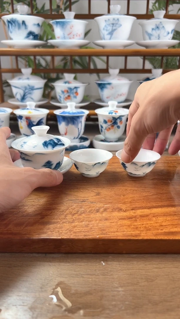 微瑕寒江独钓80ml三才盖碗+小玉兰杯2个