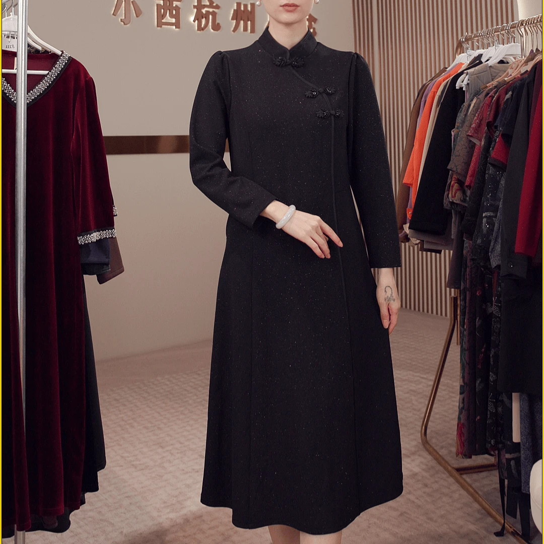 【黄小西】罗马锦棉混纺银丝线新中式斜襟旗袍连衣裙8082-2385