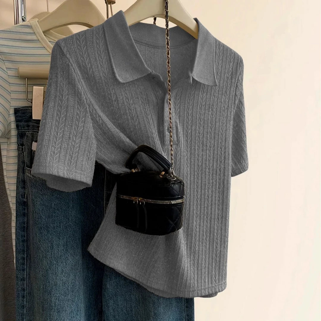 【80-180斤】麦穗Polo领冰丝短袖T恤女夏季宽松正肩遮肚针织上衣潮