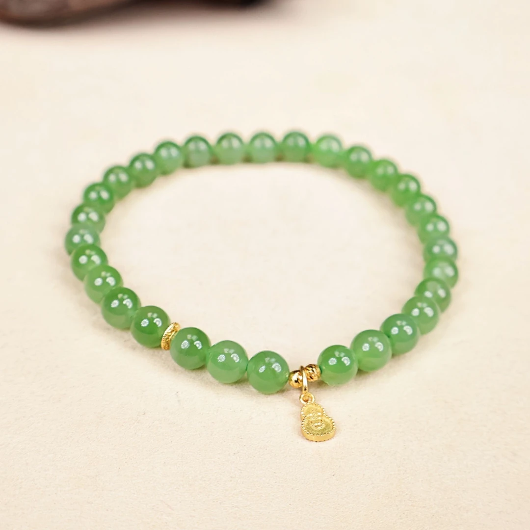 【一源珠宝】天然和田玉碧玉设计款S925银配饰6MM手串