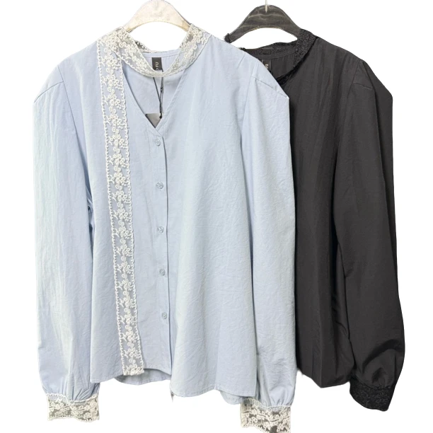 设计师轻奢气质文艺复古蕾丝飘带V领衬衫时尚蕾丝宽松