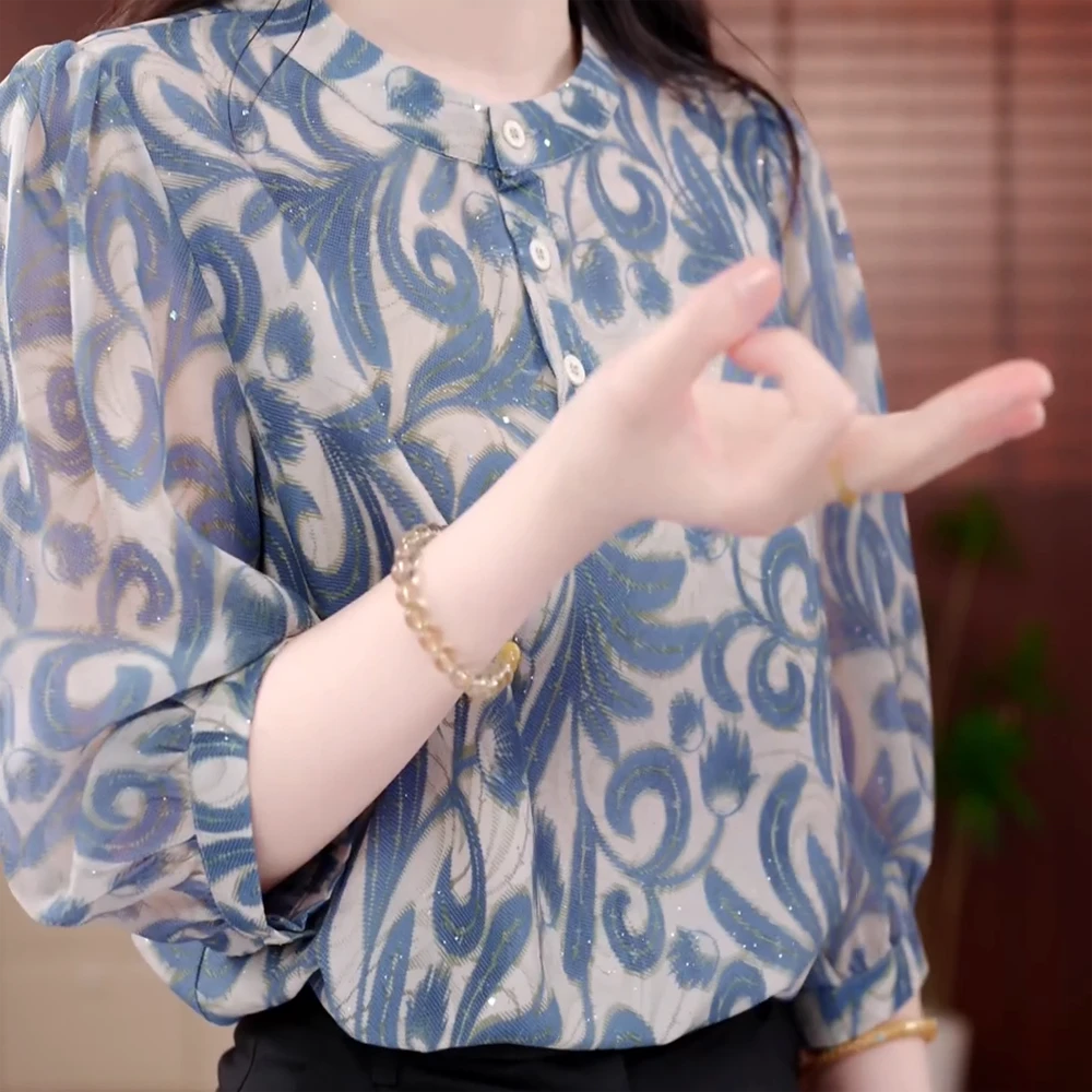 青花映雪2025新款夏季女士复古轻奢优雅减龄百搭宽松气质衬衫女