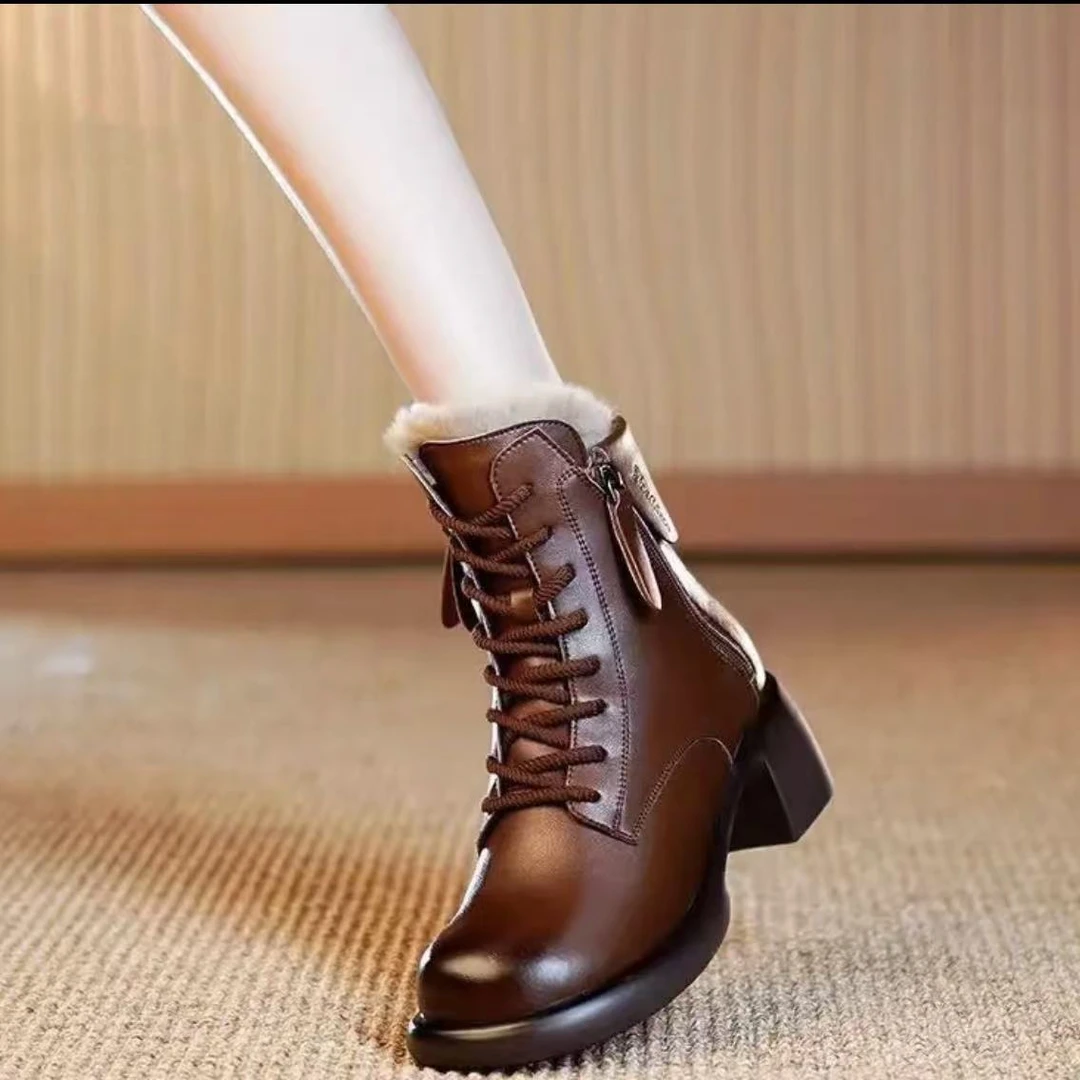 2024年冬季新款粗跟法式复古优雅马丁靴百搭时尚英伦加绒女靴