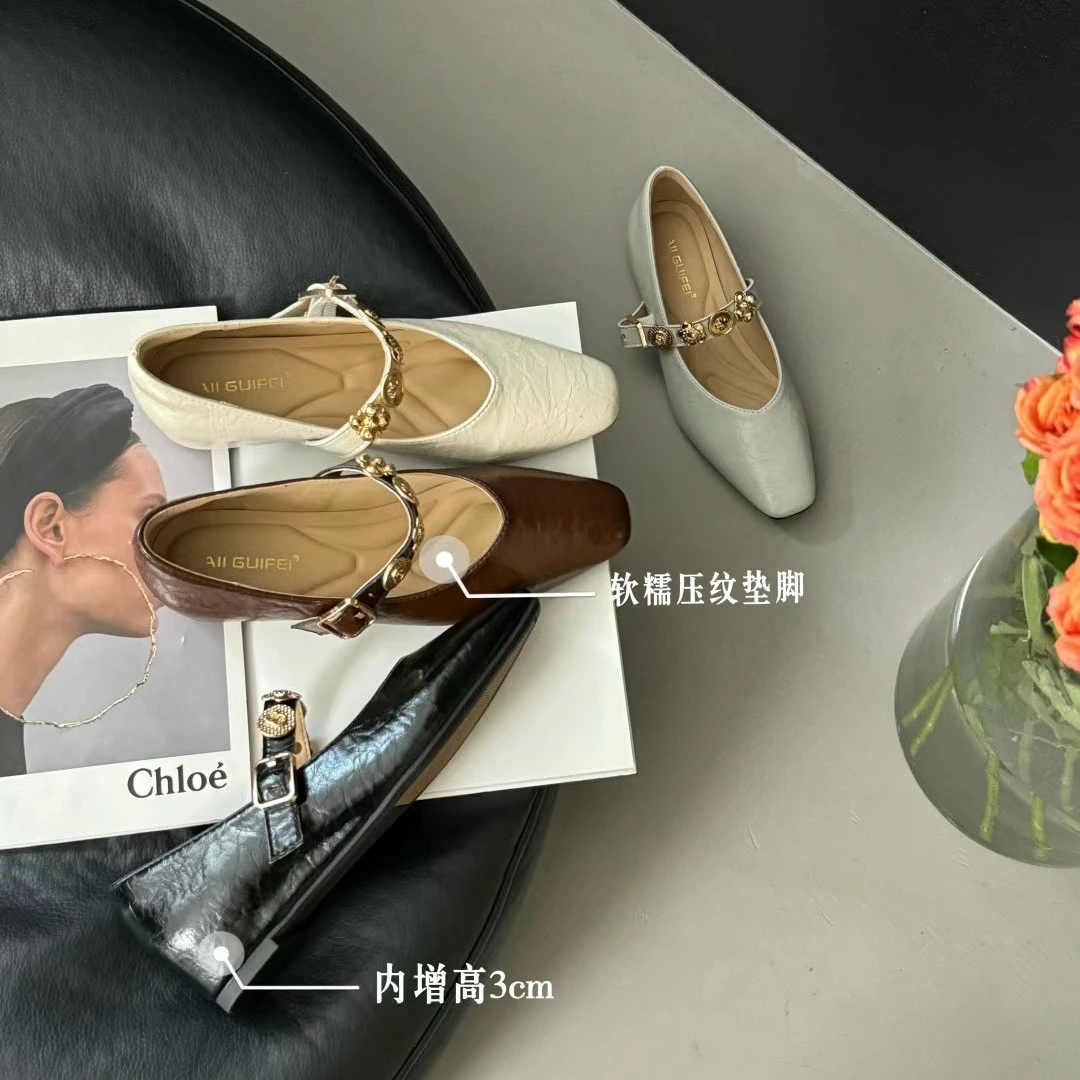 法式~小方头玛丽珍单鞋女高级金属小众设计复古通勤一字扣单鞋