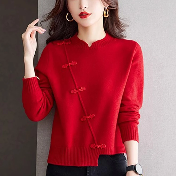 红色中式国风女装春秋2025新款盘扣针织衫打底衫女士毛衣洋气时尚
