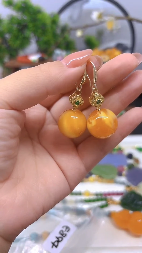 蜜蜡14K金镶嵌耳饰E894