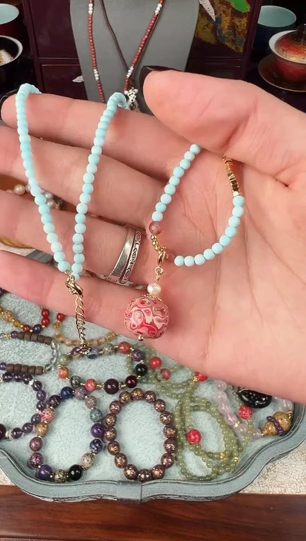 粉白大漆珠项链-太古大漆