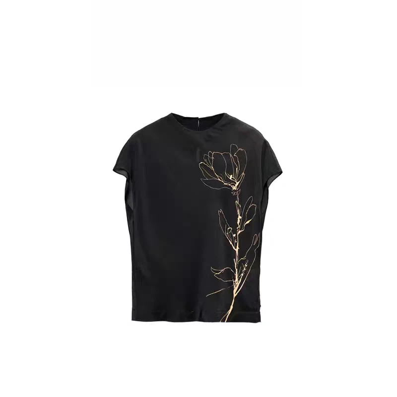 【奈】25年春夏轻奢宽松百搭黑色花朵印花桑蚕丝衬衫-NC4715