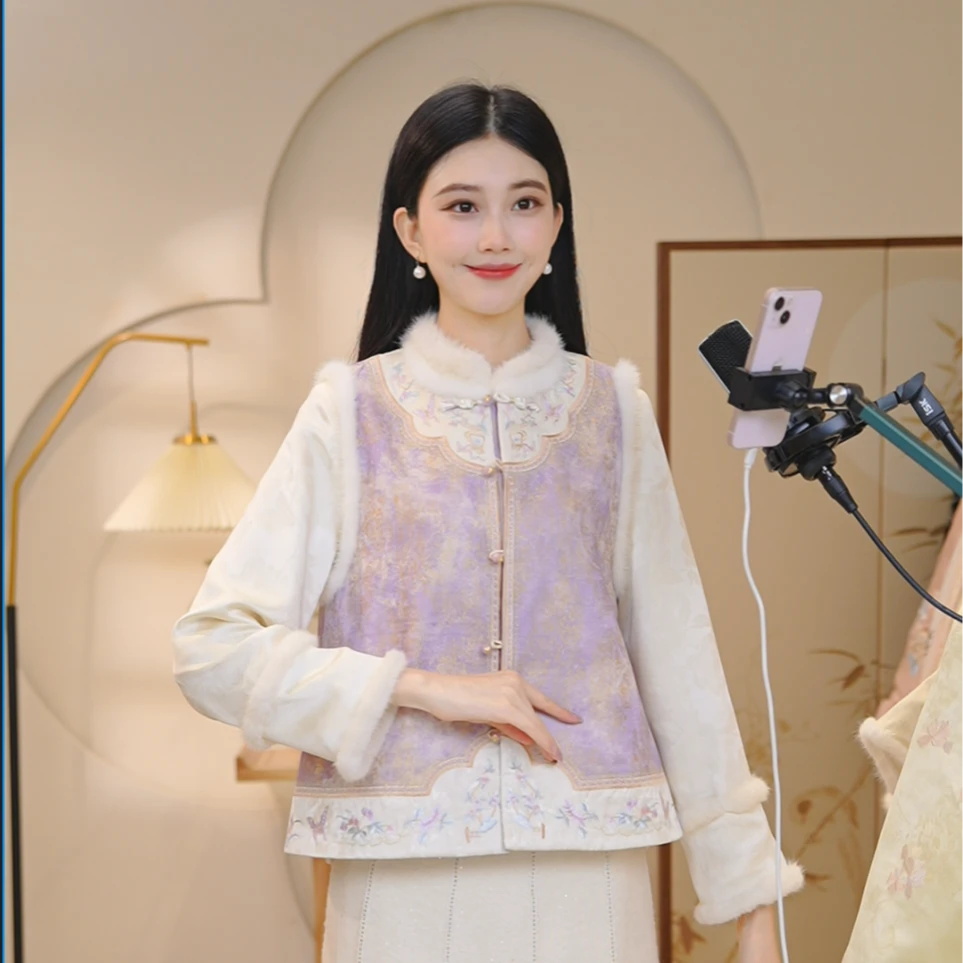 山有色  墙枝  设计师保暖加厚拼接秋冬刺绣中国风复古马甲7352