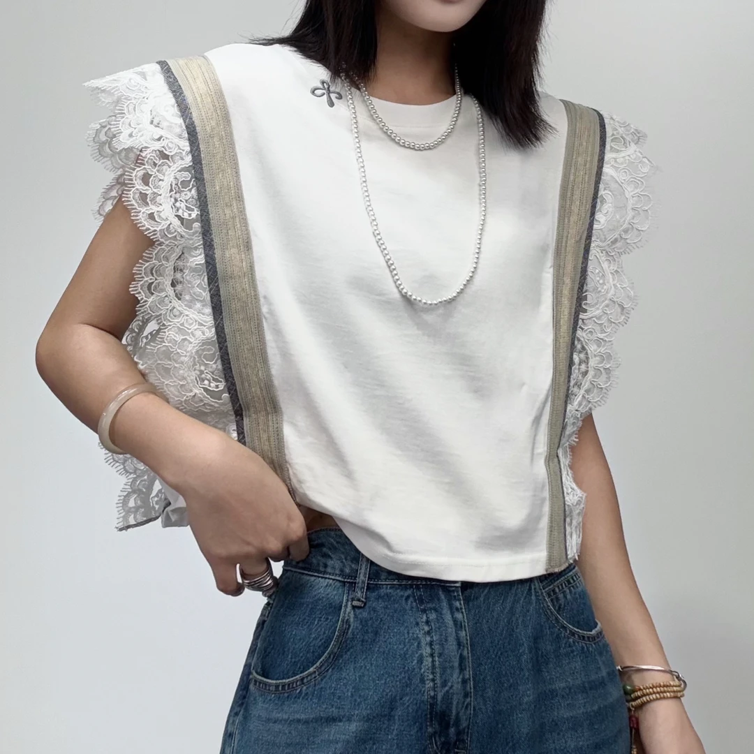 6850#T恤女夏季新款欧洲站设计感蕾丝钩花镂空拼接打底衫圆领上衣